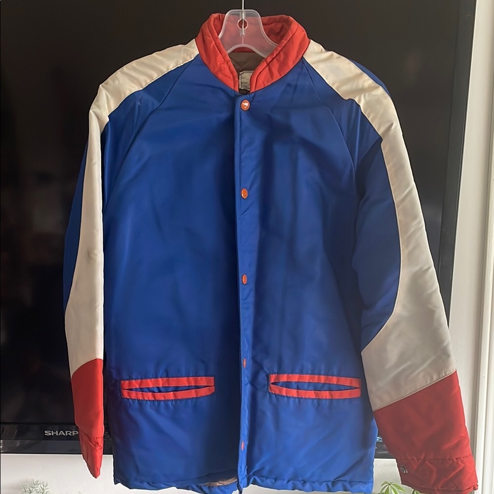 Vintage Blue and Red Varsity Bomber Jacket with Sporty Design